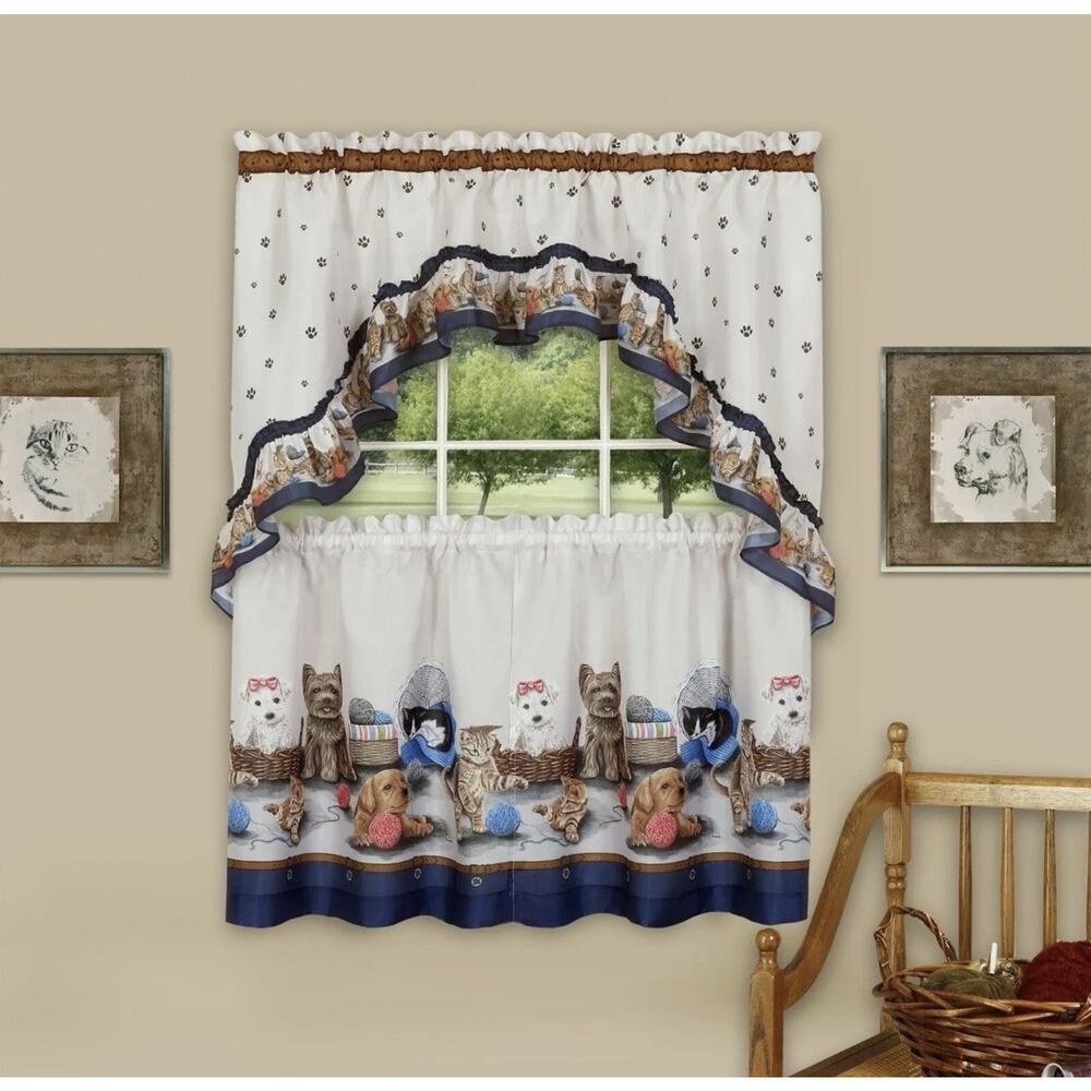 PRECIOUS PRINTED TIER & SWAG WINDOW CURTAIN SET 57" X24", NAVY Dogs Puppies